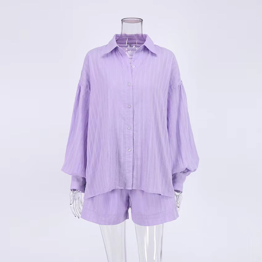 Women's Cotton Jacquard Striped Lapel Puff Sleeve Suits