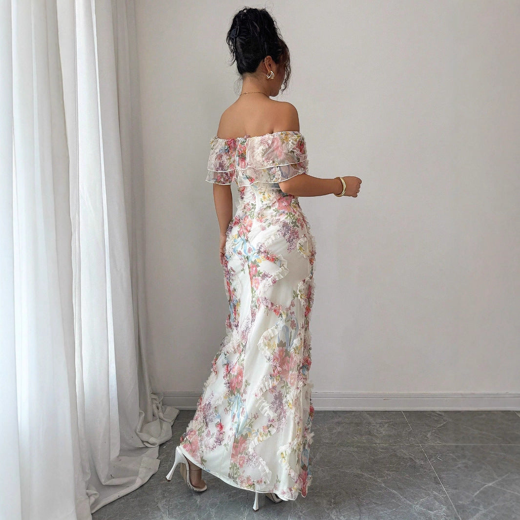 Women's Romantic Ruffled Cinched Mesh Floral Dress Dresses