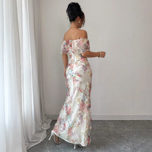 Women's Romantic Ruffled Cinched Mesh Floral Dress Dresses