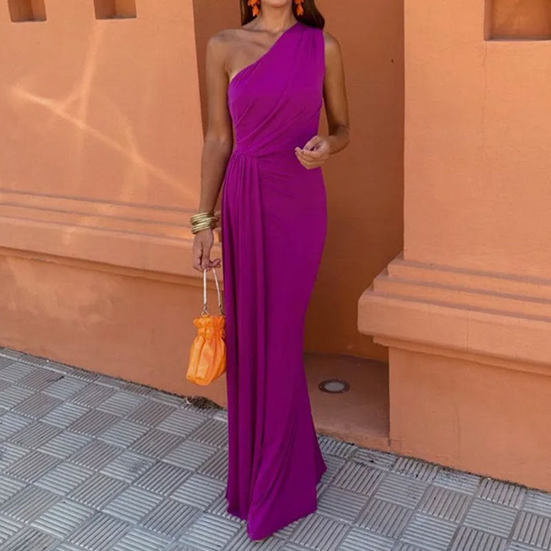 Women's Color Sexy Sleeveless Diagonal Collar Banquet Dresses