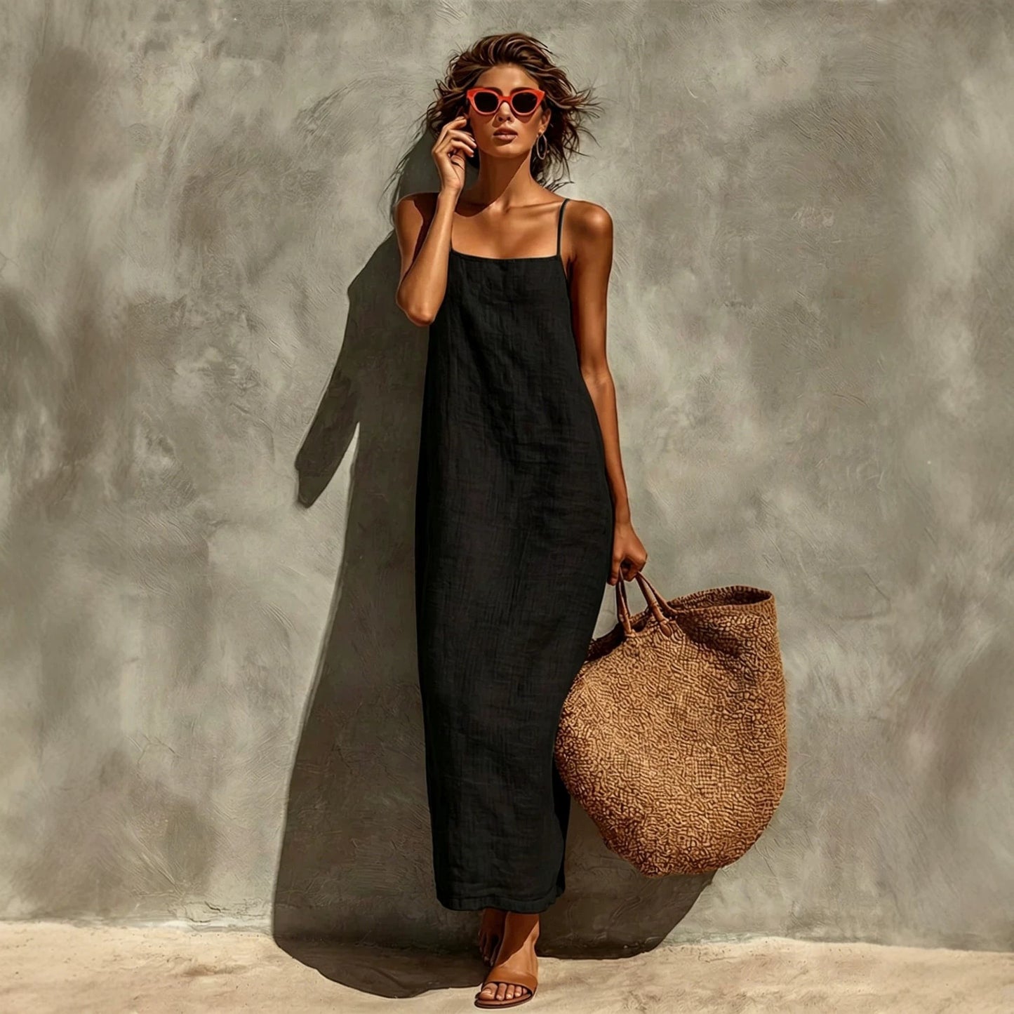 Women's Summer Solid Color Sexy Retro Idle Style Cotton Linen Sleeveless Dress