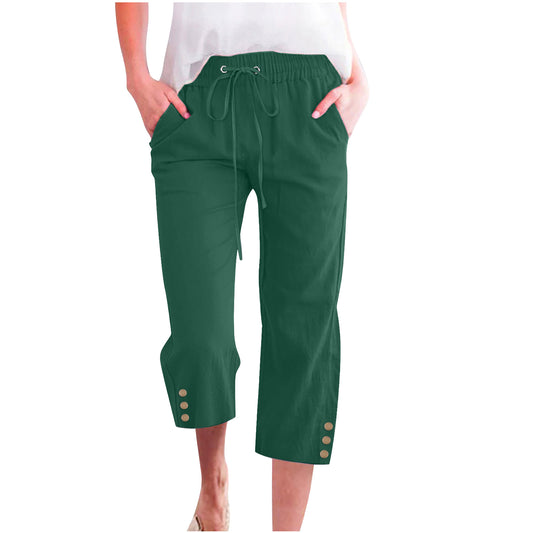 Women's Drawstring Cotton Linen Casual Loose Button Pants