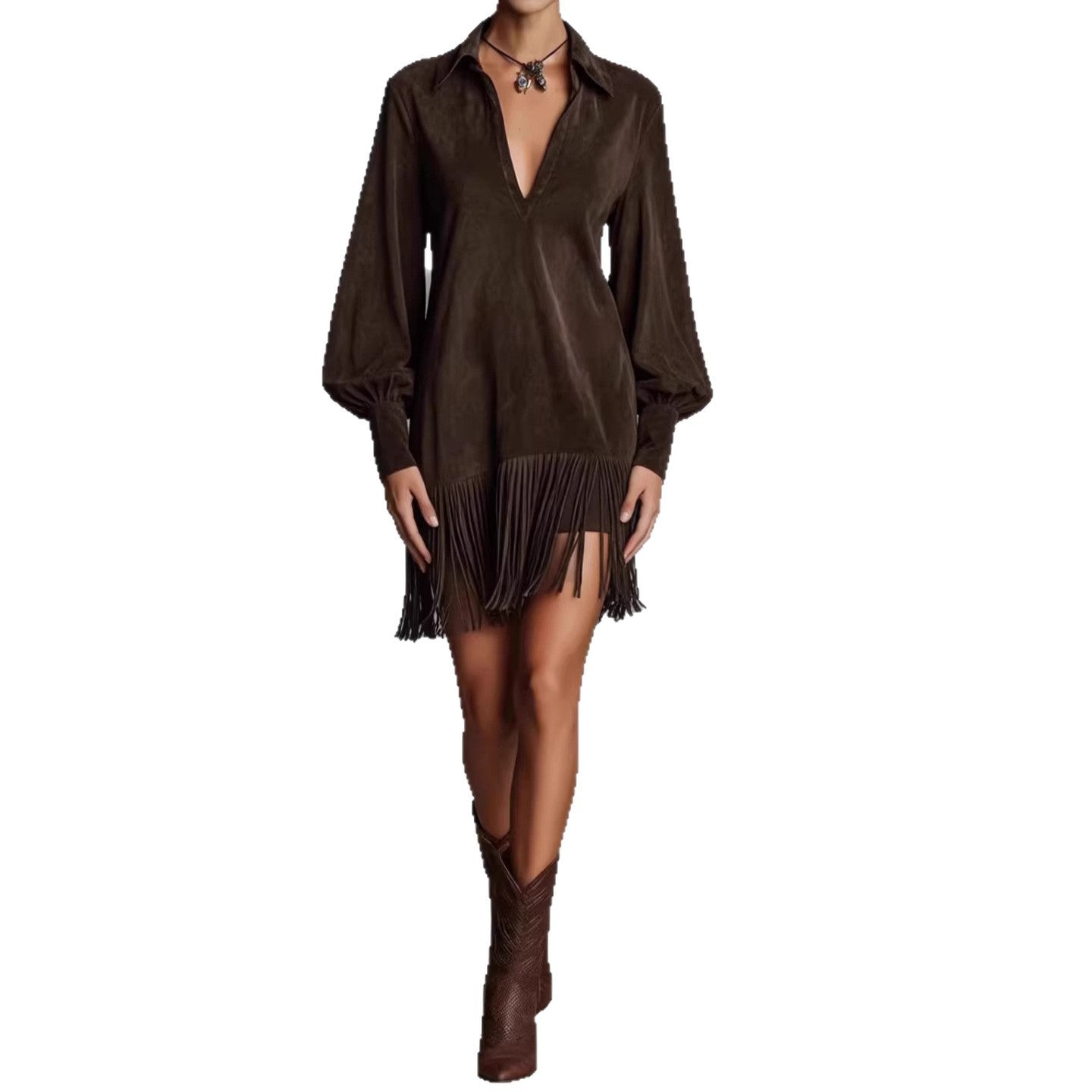 Women's Faux Suede Lapel Zipper Fashion Fringed Dress