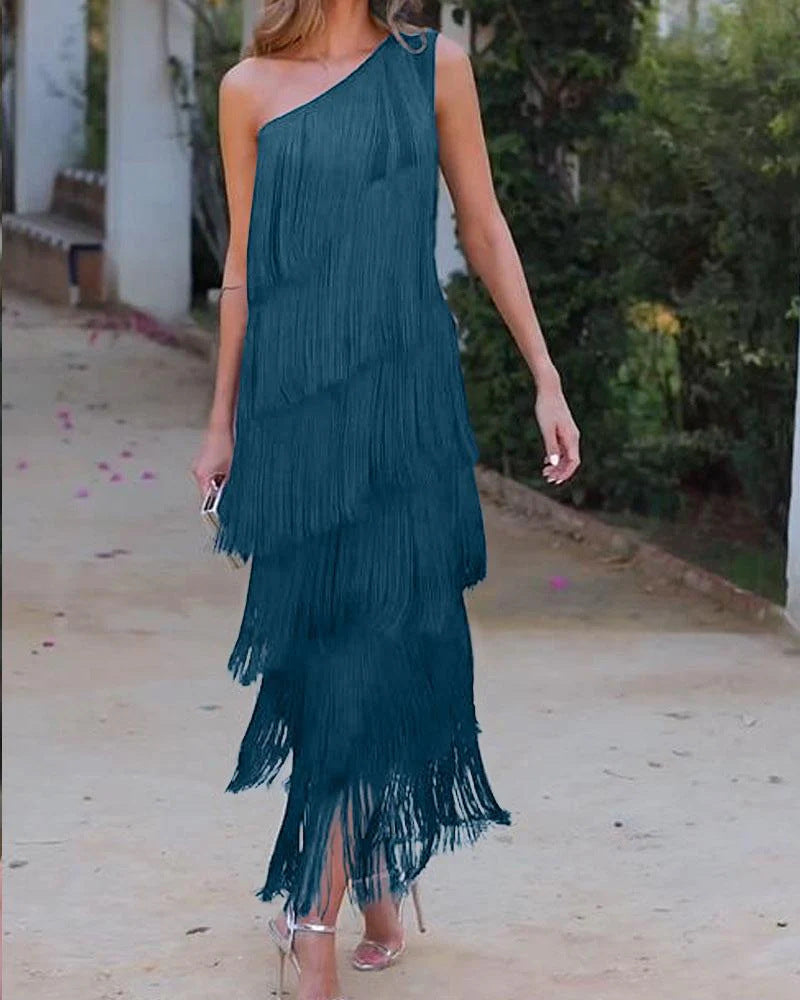 Trendy Fashion Tassel Shoulder Asymmetric Dress Dresses