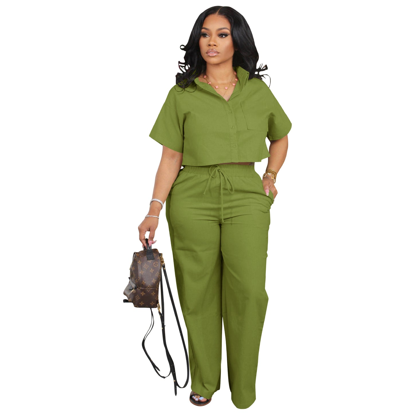 Women's Shirt Sleeve Two-piece Set Linen Leisure Office Suits