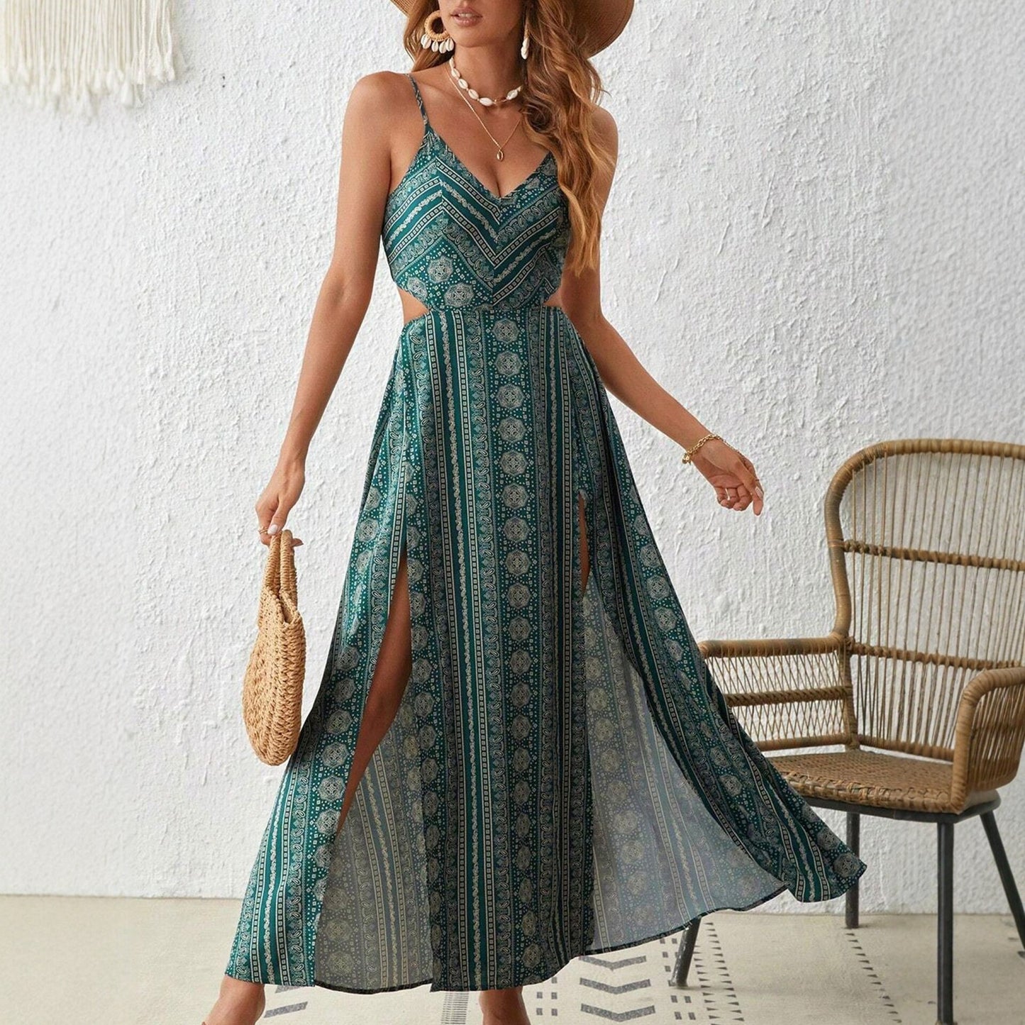 Printed Sexy Backless Sleeveless Split Vacation Dress