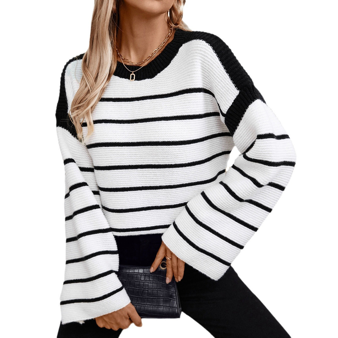 Women's Black White Striped Pullover Long Sleeve Sweaters