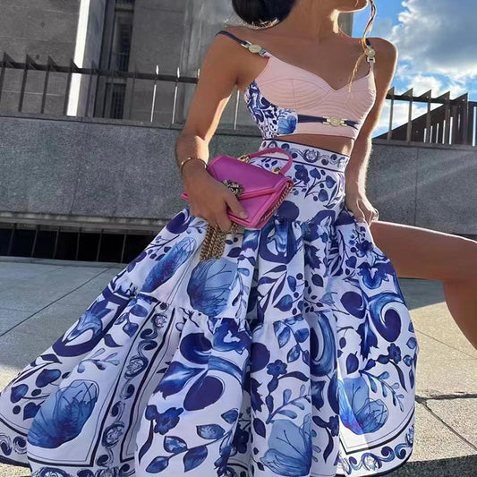 Printed Suspender Large Swing Dress Two-piece Dresses