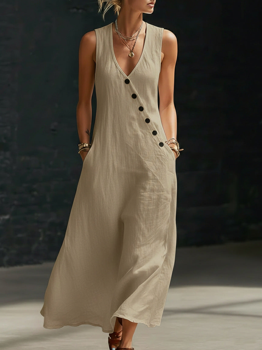 Idle Style Double-breasted Cotton Linen Sleeveless Dress