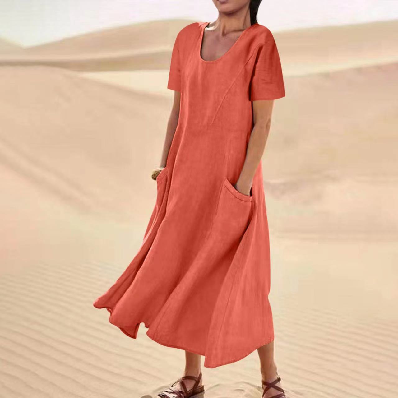 Women's Summer Solid Color Cotton Linen Pocket Dresses