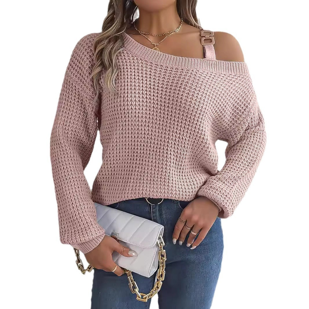 Women's Casual Metal Buckle Lantern Sleeve Pullover Clothing