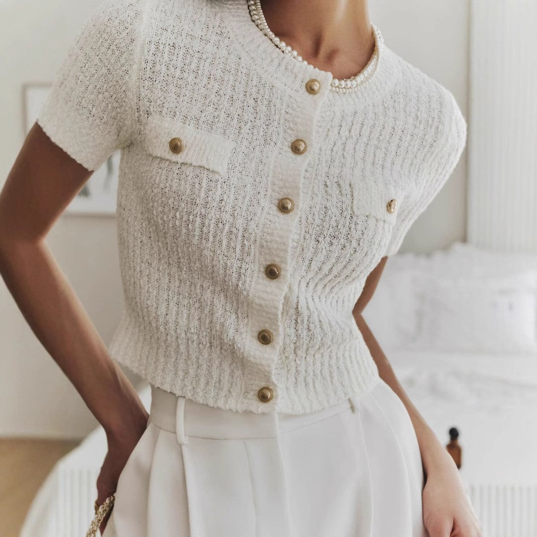 Women's Source Summer Metal Buckle Round Neck Sleeve Women's Sweater