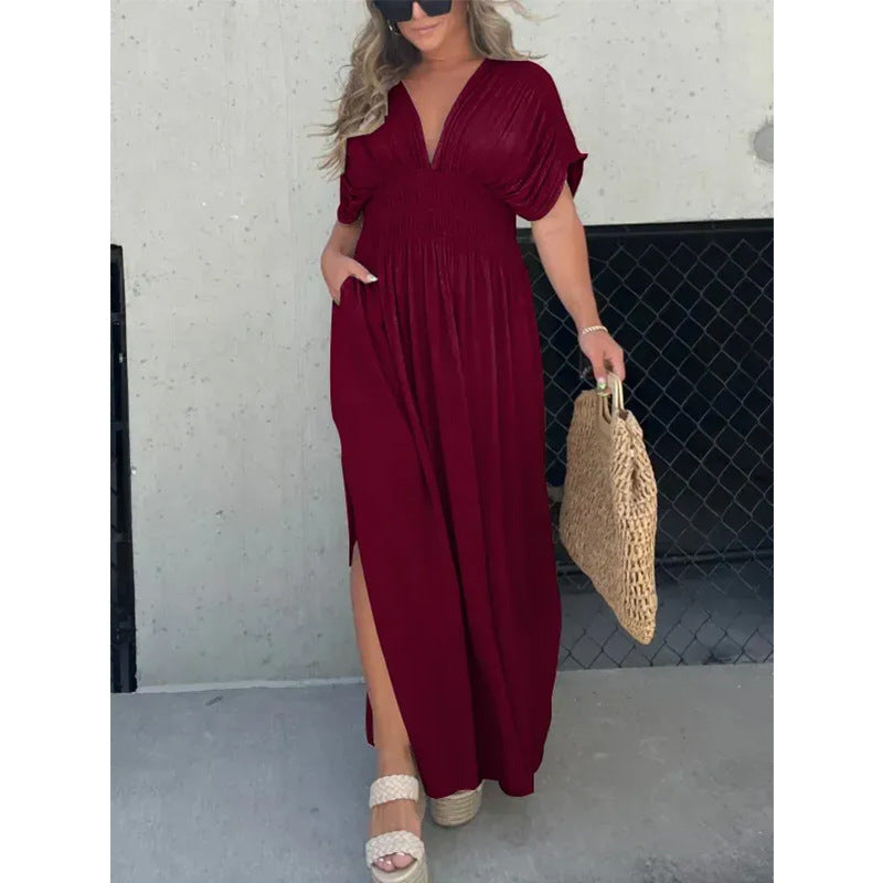 Color Bat Sleeve Elastic Waisted Slimming Dresses