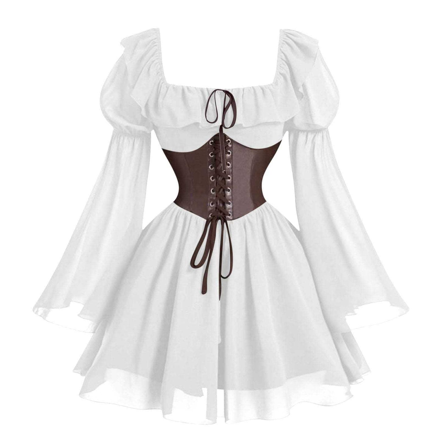 Medieval Puff Sleeve Dress Halloween Drawstring Skirts