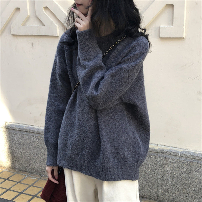 Women's Solid Color Casual Round Neck Pullover Outer Wear Korean Style Sweater