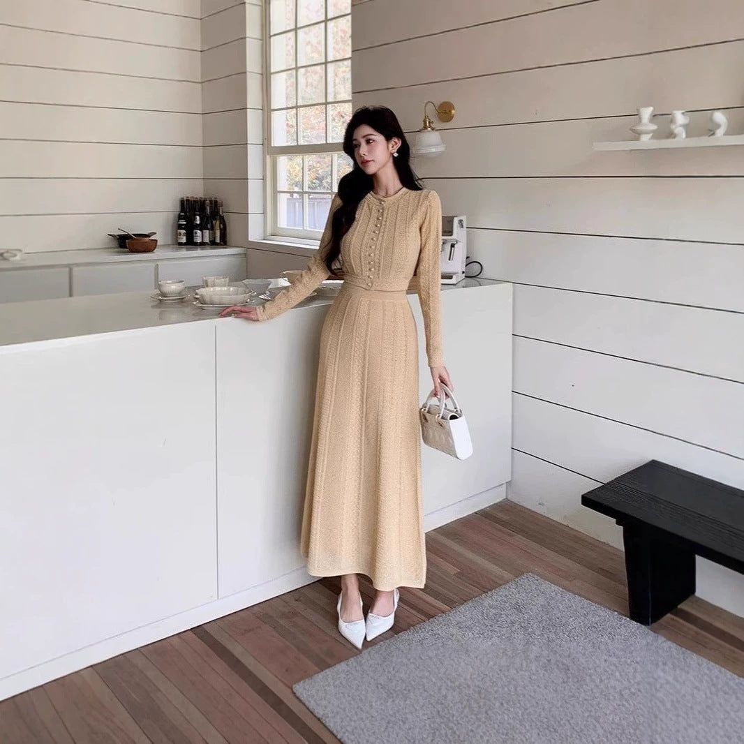 Women's French Style Knitted Long-sleeved High Waist Dress