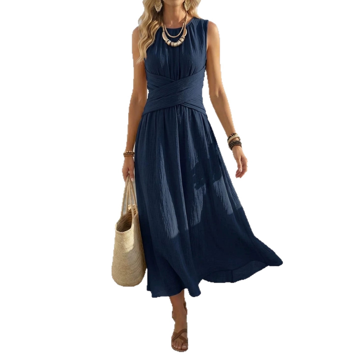 Women's Versatile Style Street Hipster Sleeveless Fitted Waist Pleated Slim Fit Dress