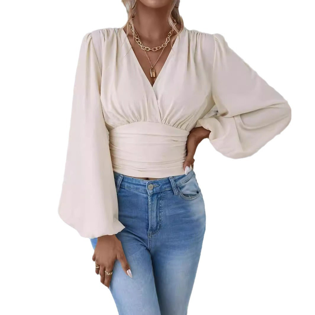 Women's Fashion Tight Waist Sleeve Solid Color Blouses