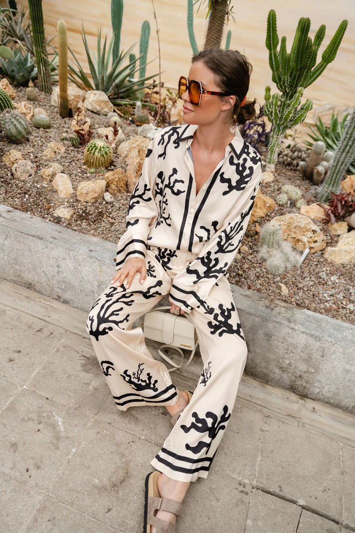 Multicolor Printing Satin Vacation Loose Two-piece Suits