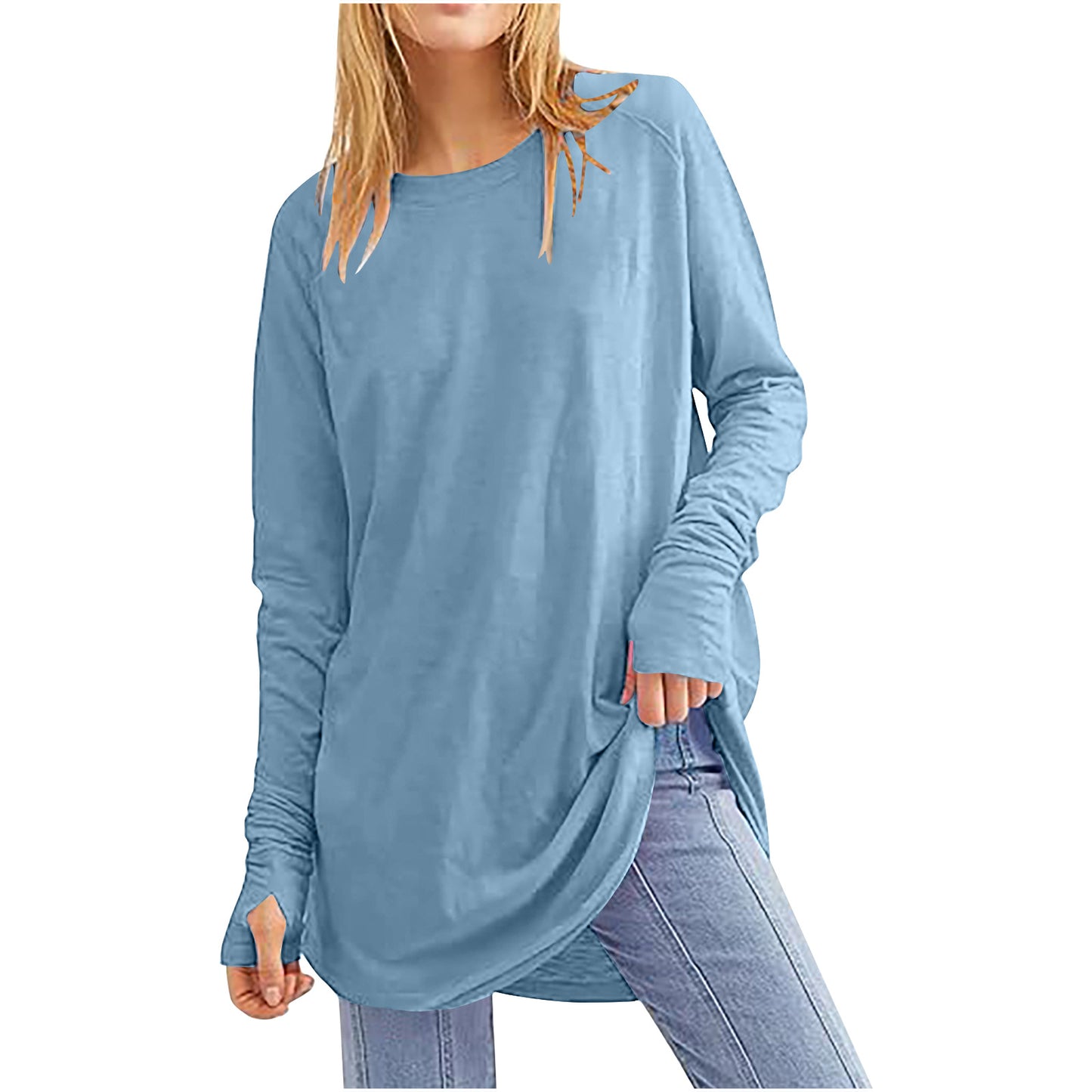 Women's Solid Color Loose Round Neck Long Sleeve With Blouses