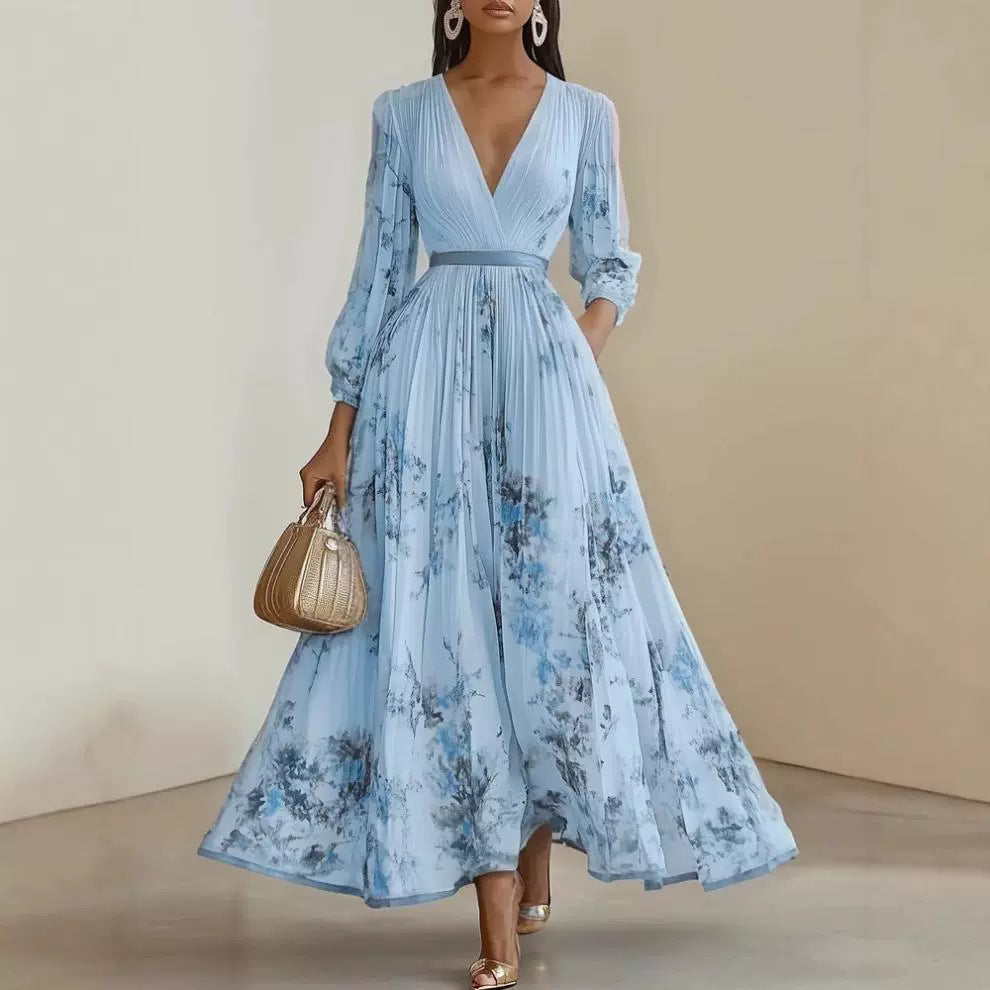 Women's Digital Printed Collar Long Sleeve Pleated Dresses