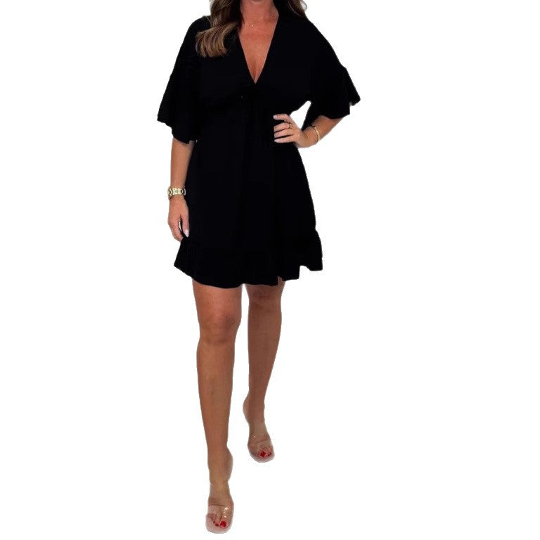 Summer Solid Color Ruffled Tied Mini Dress