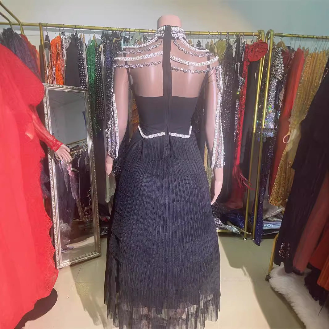 Beaded Mesh Long Sleeve Diamond Slim Dresses