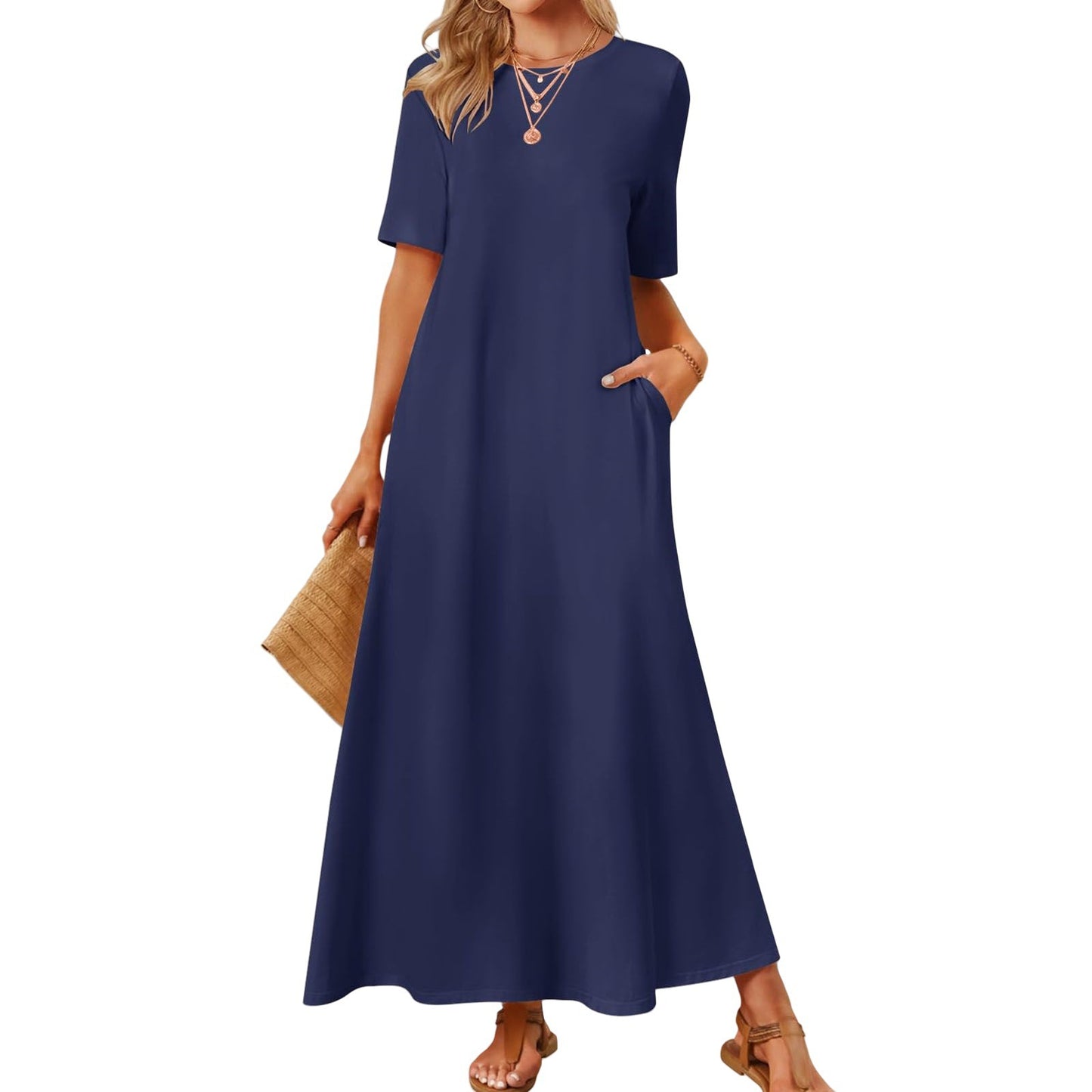 Women's Solid Color Round Neck Pocket Sleeve Dress