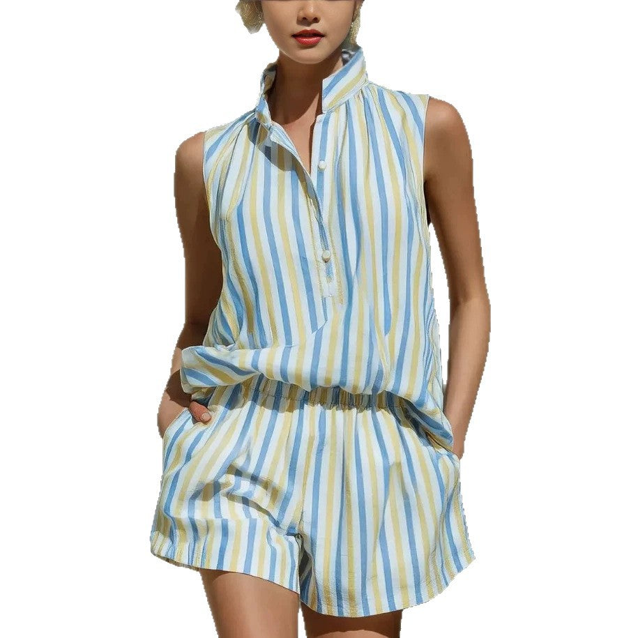 Women's Stand Collar Striped Shirt Elastic Wide Leg Fashion Casual Suit