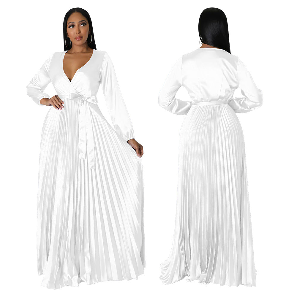 Women's Autumn Lantern Sleeve Pleated Dress Long Dresses