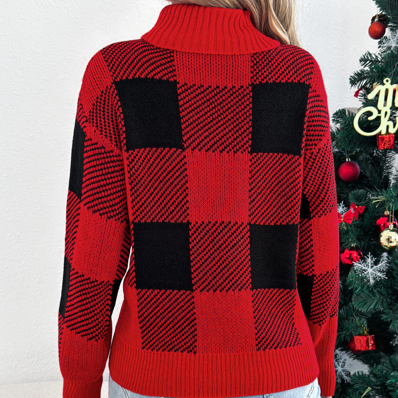 Women's Contrast Color Plaid Lantern Long Sleeve Turtleneck Sweater