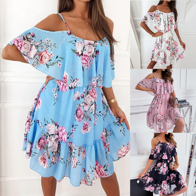 Women's Chiffon Printed Sexy Strapless Suspenders Large Hem Dress