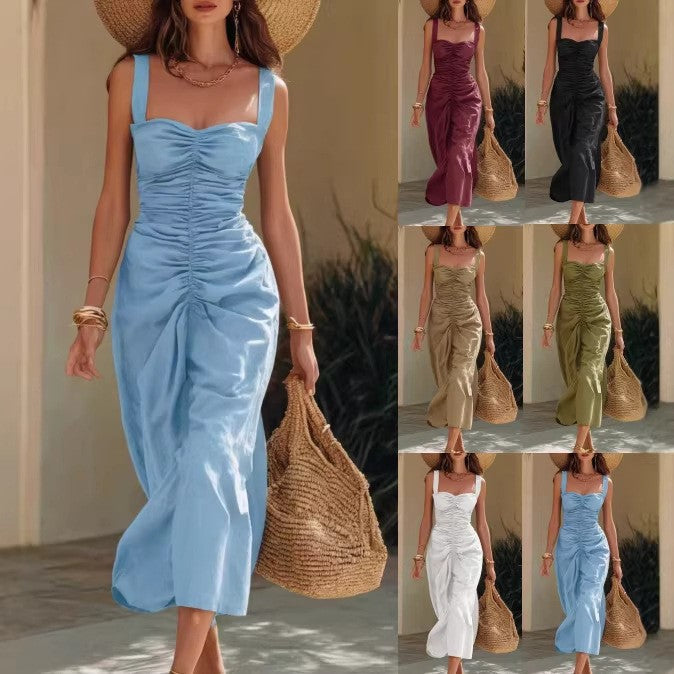 Imitation Cotton Linen Vacation Style Wide Shoulder Strap Dress