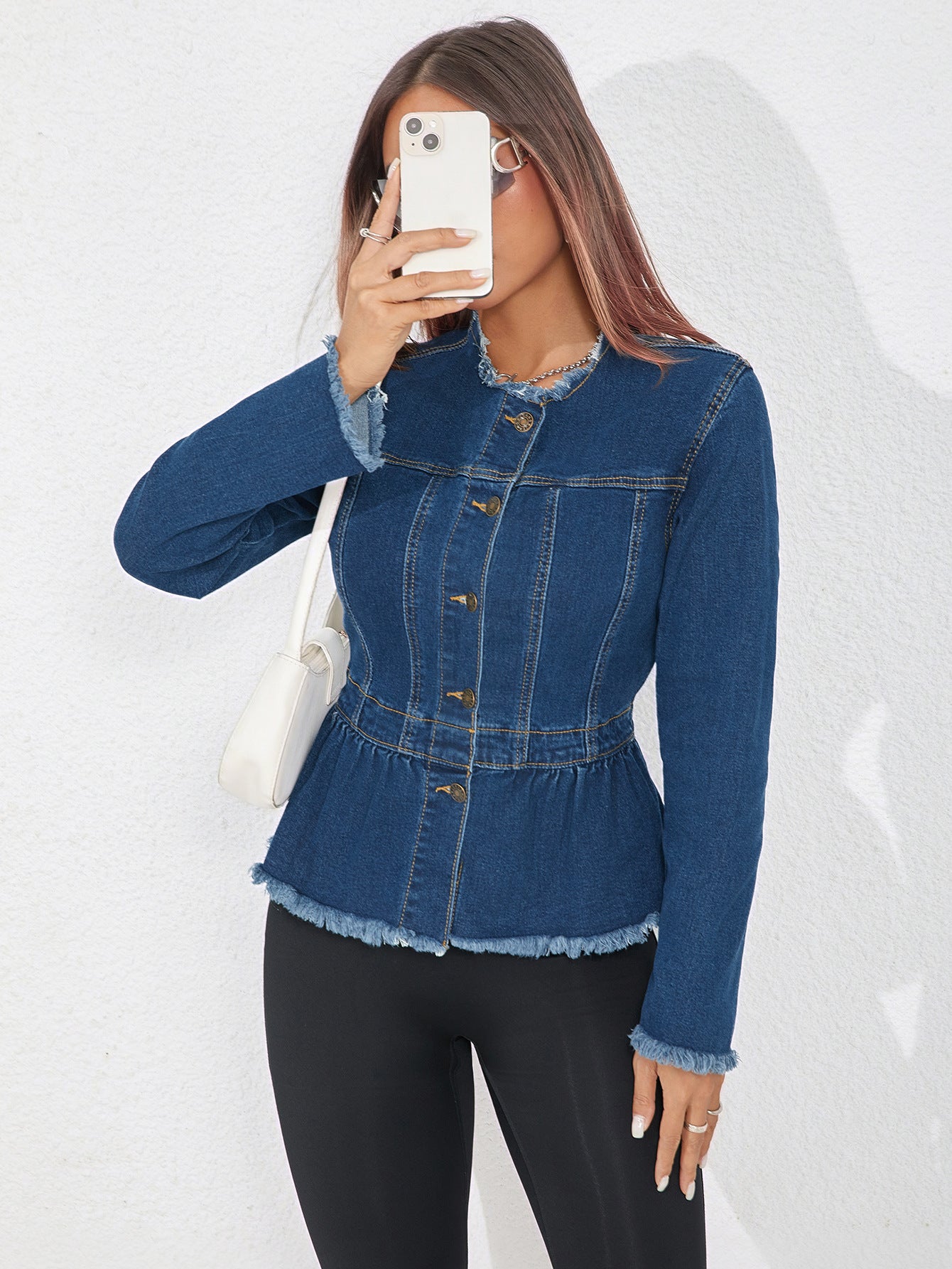 Women's Style Collarless Denim Umbrella-shaped Frayed Hem Jackets