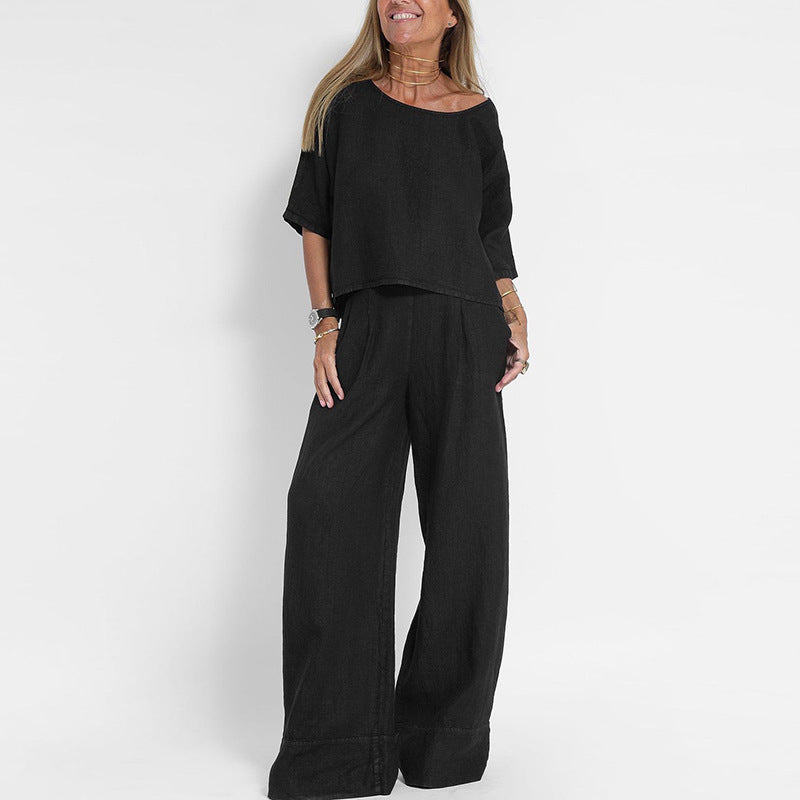 Women's Pocket Trousers Beach Sleeve Pullover Cotton Linen Solid Color Two Fashion Casual Suit