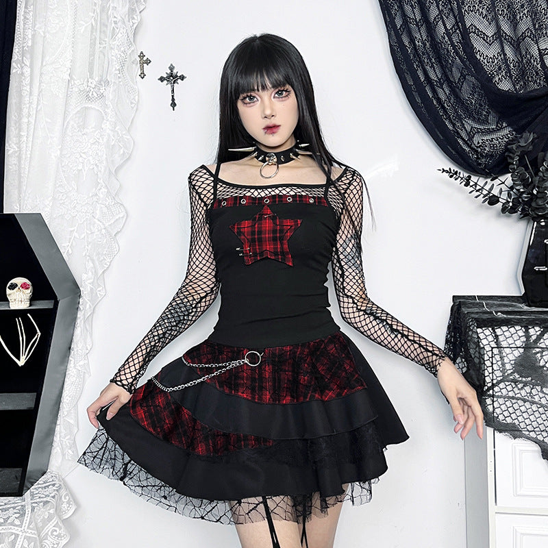 Women's Star Printed Plaid Stitching Camisole Dark Punk Tops