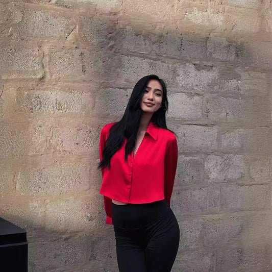 Women's Summer Long-sleeved Satin Silk Shirt Blouses