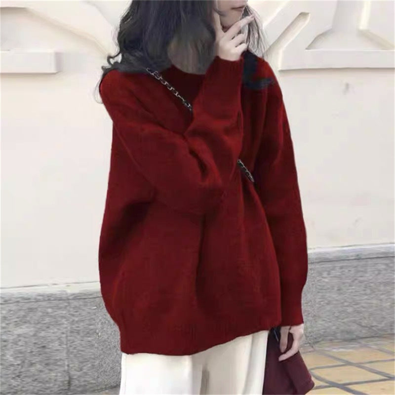 Women's Solid Color Casual Round Neck Pullover Outer Wear Korean Style Sweater