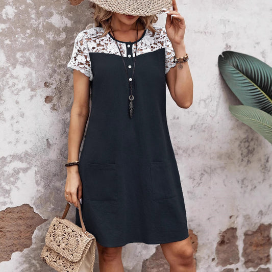 Women's Casual Loose Contrast Color Lace Patchwork Dress
