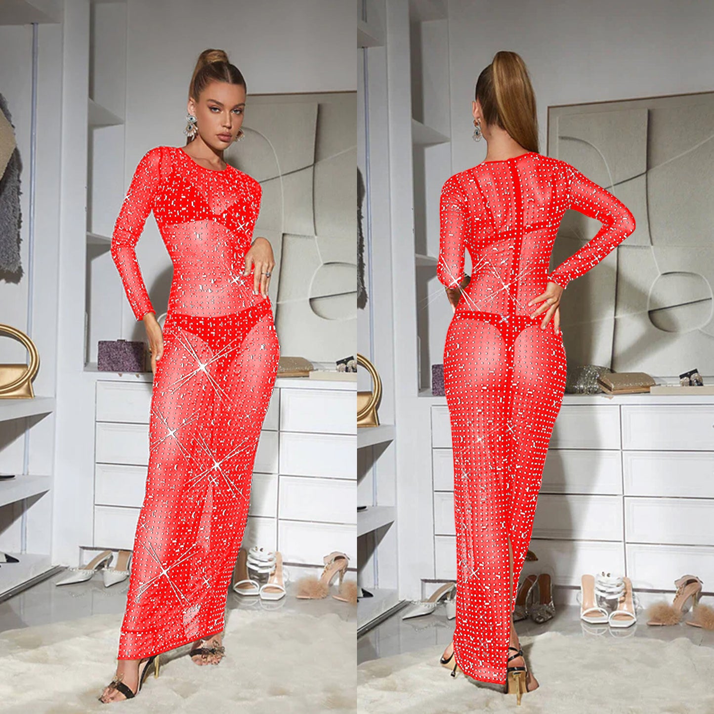 Women's Pure Color Mesh Rhinestone Long Sleeve Dresses