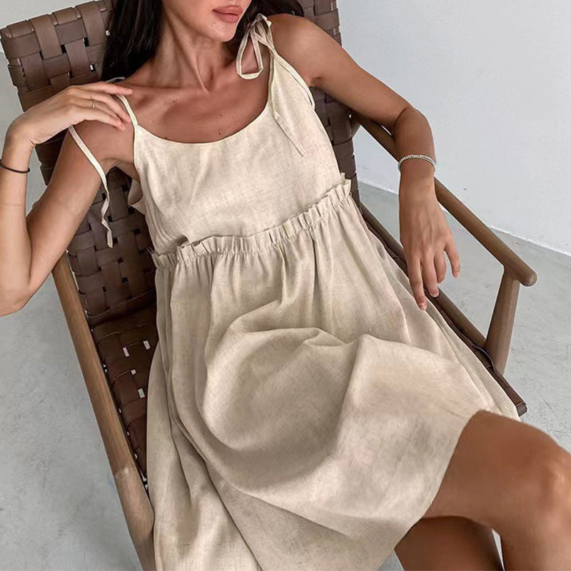 Solid Color Texture Slip Pleating Loose Leisure Dress