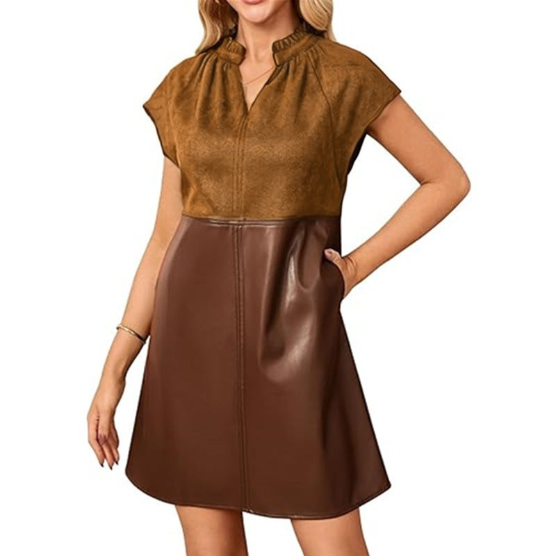 Women's Contrast Color Leather Stitching Collar Cover Dress