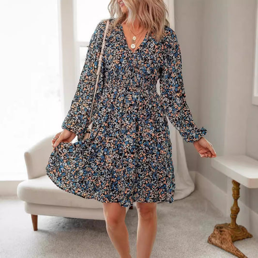 Sleeve Pleated Elastic Waist Casual Word Dresses
