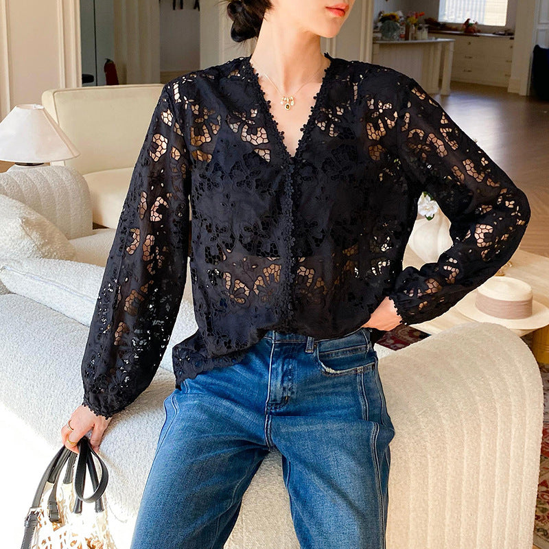 Women's Autumn Embroidery Classic Style French Shirt Long Sleeve Blouses