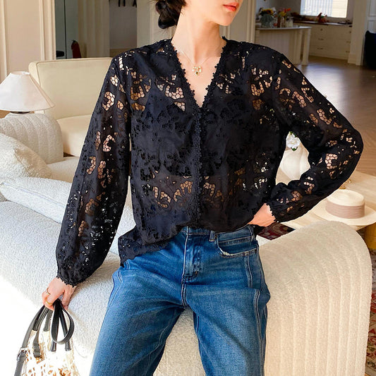 Women's Autumn Embroidery Classic Style French Shirt Long Sleeve Blouses