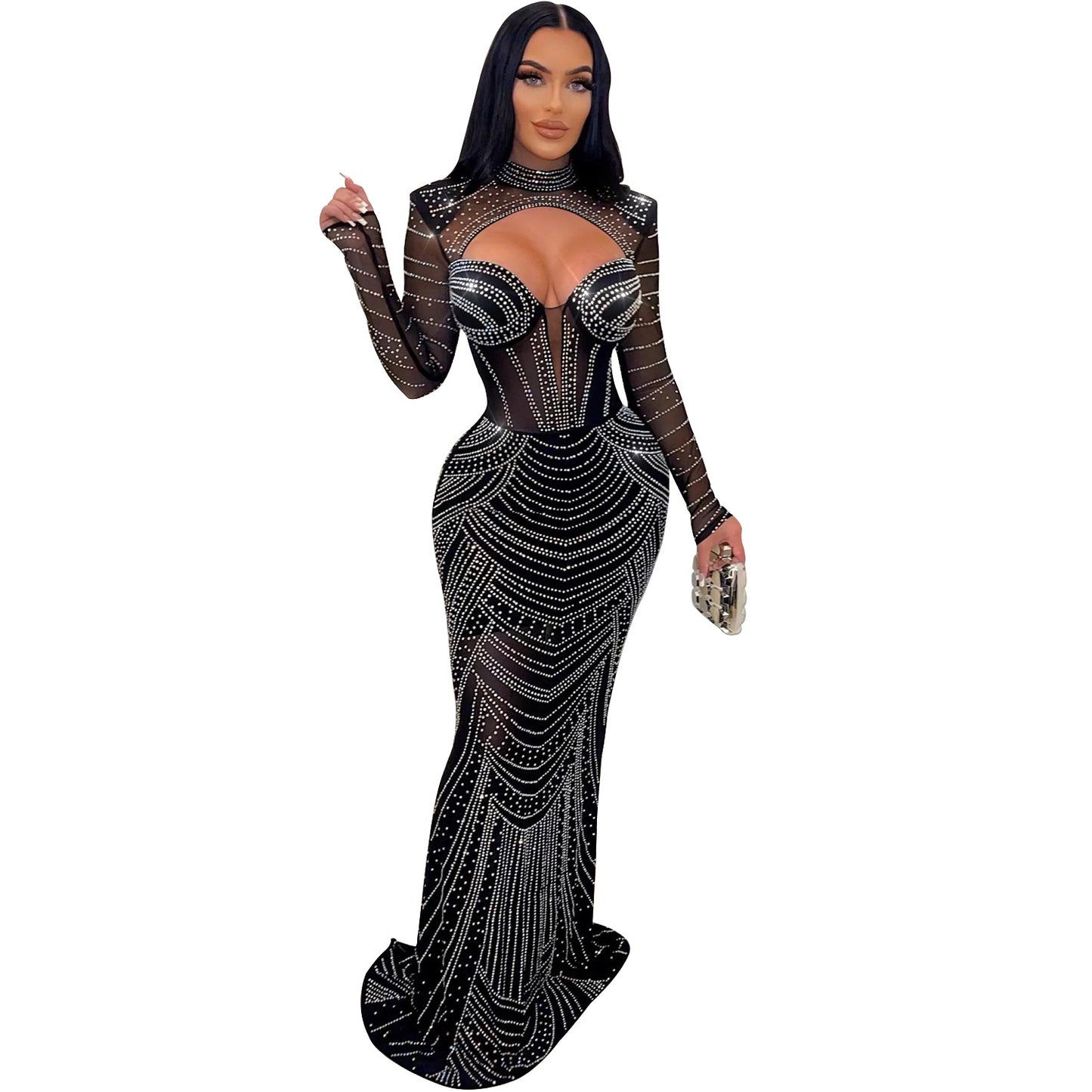 Women's Wear Solid Color Rhinestone Mesh Long Dresses