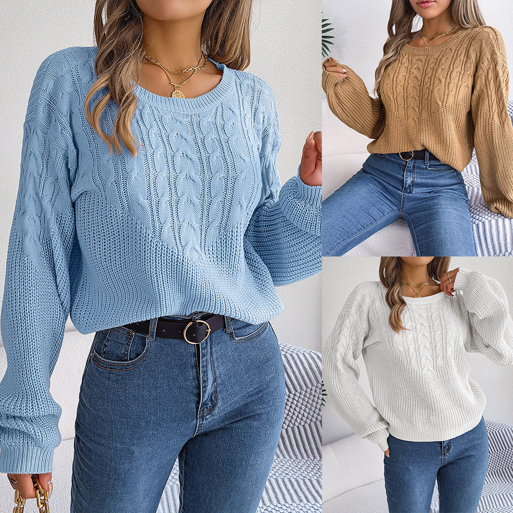 Women's Casual Twist Lantern Sleeve Crew Neck Sweaters