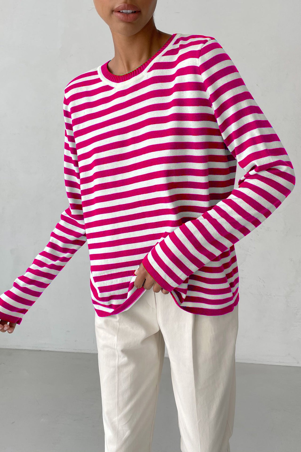 Women's Round Neck Knitted Striped Versatile Classic Retro Pullover Women's Sweater