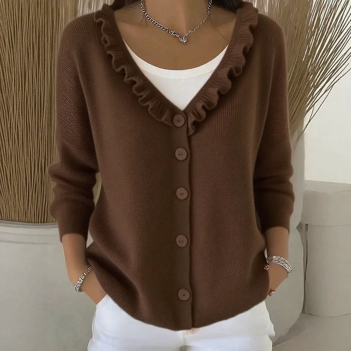 Wooden Ear Knitted Button Solid Color Sweater