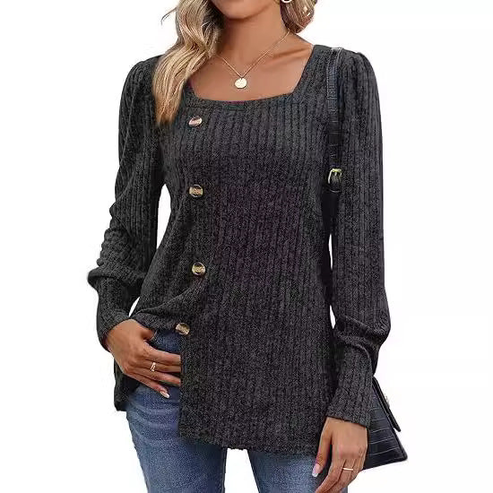 Women's Sunken Stripe Square Collar Bubble Long Sleeve Split Sweater